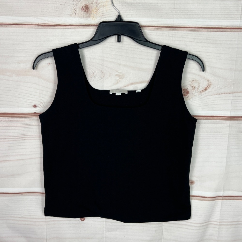 Vince Top Women XL Black Double Knit Tank Scoop Neck Sleeveless Crop Pima Cotton